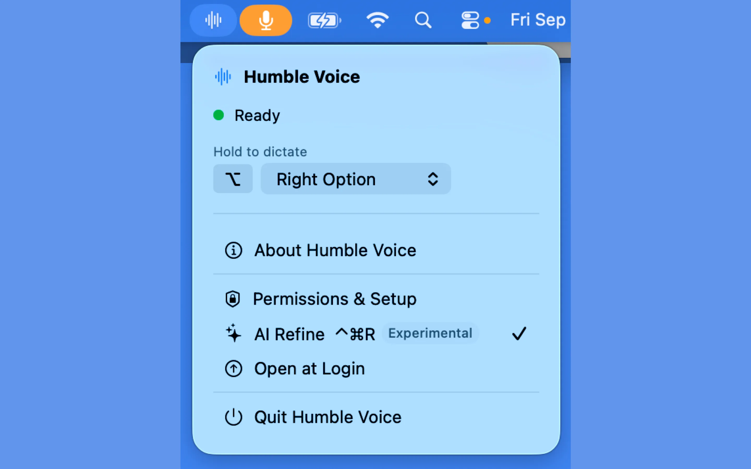 The Humble Voice menu bar dropdown showing a green Ready status, the Right Option hotkey picker, and entries for About, Permissions & Setup, AI Refine and Open at Login